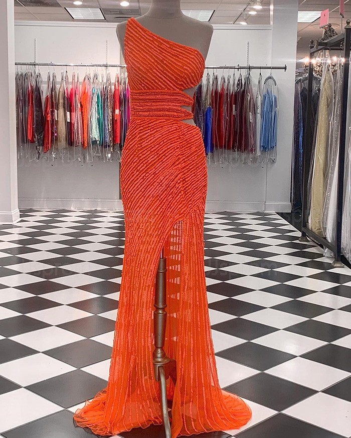 Buy gold strappy sequin one shoulder cutout prom dress with