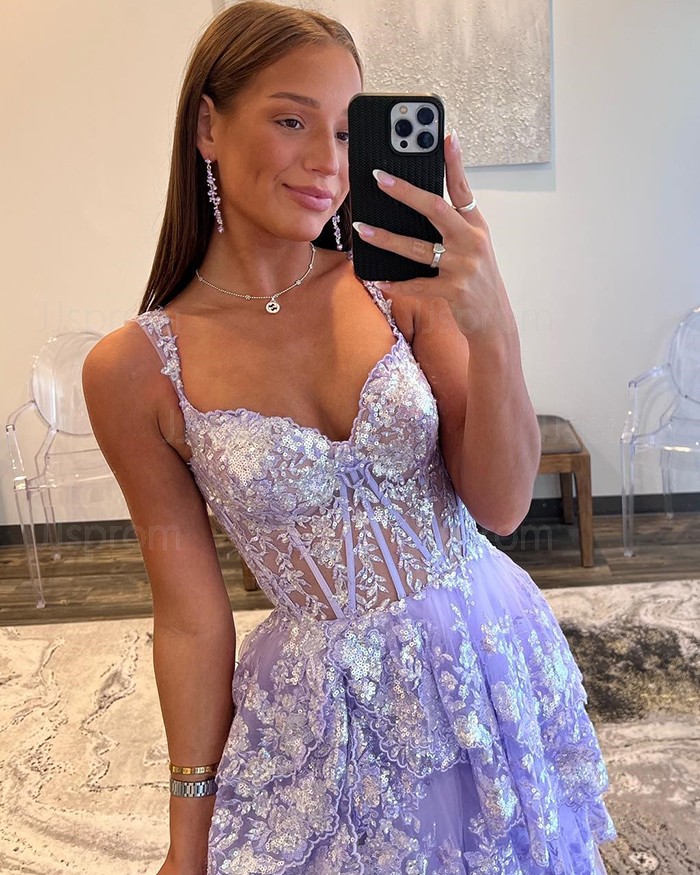 Buy light purple square neckline lace layered prom dress Buy light purple square neckline lace layered prom dress