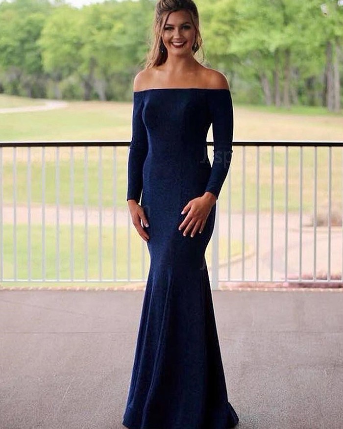 jjsprom Simple Off The Shoulder Navy Blue Mermaid Prom Dress with Long Sleeves PM1819