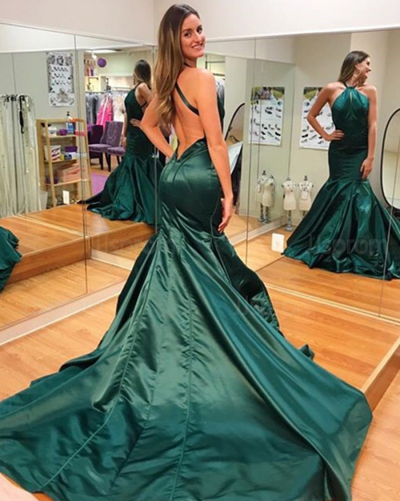 Simple Long Dark Green High Neck Mermaid Evening Dress PD1004
