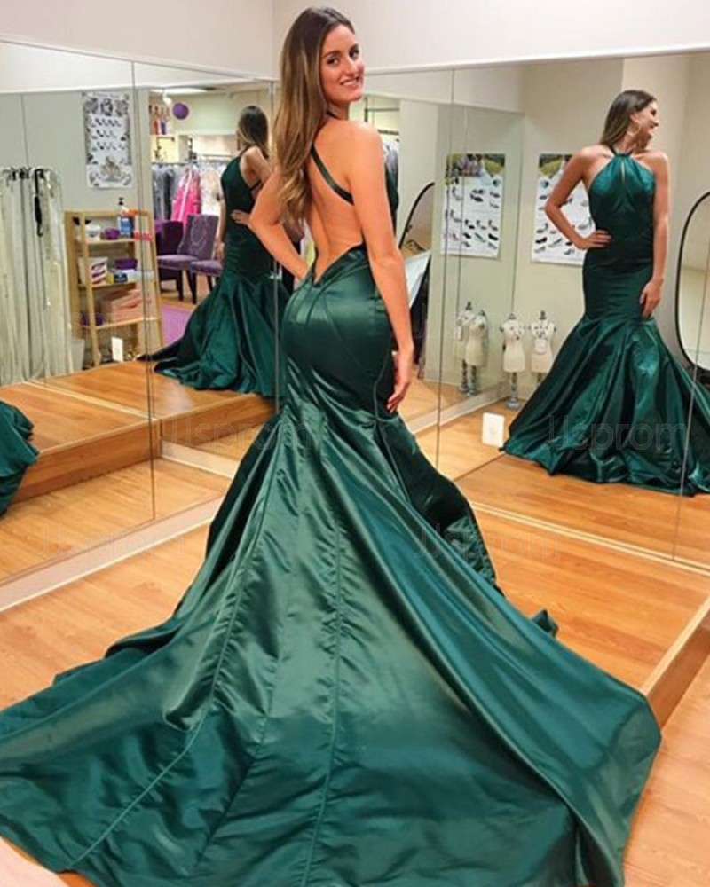 Simple Long Dark Green High Neck Mermaid Evening Dress PD1004