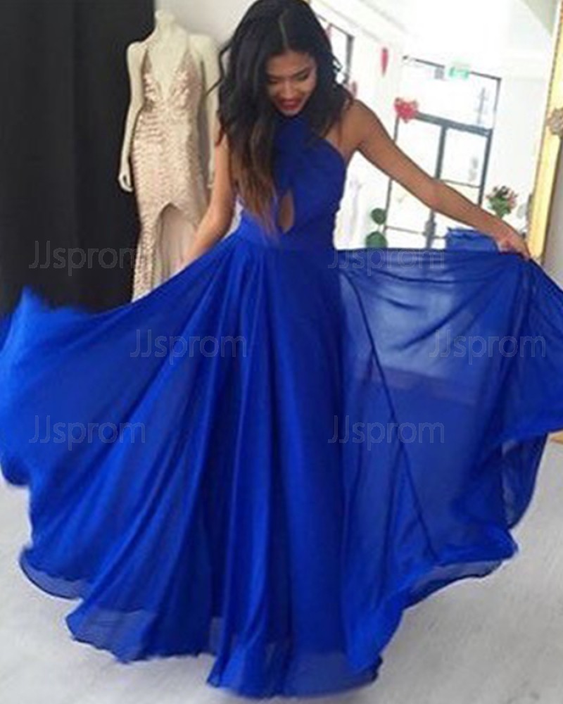 Blue Pleated High Neck Cutout Chiffon Long Prom Dress PD1013