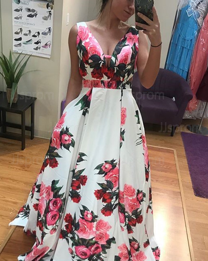 Floral Print Satin Long Prom Dress with Pockets PD1019