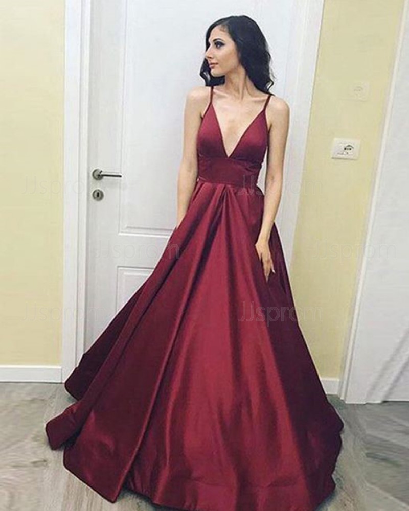 Long Burgundy Deep V-neck Satin Evening Gown with Pockets PD1021