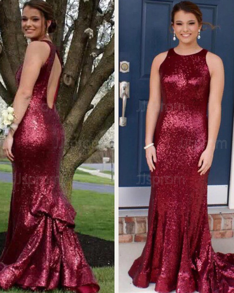 Jewel Rose Red Sequined Mermaid Prom Dress with Open Back PD1028