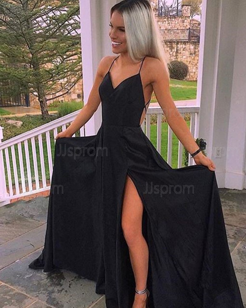 Long Black Satin Spaghetti Straps Prom Dress with High Slit PD1032