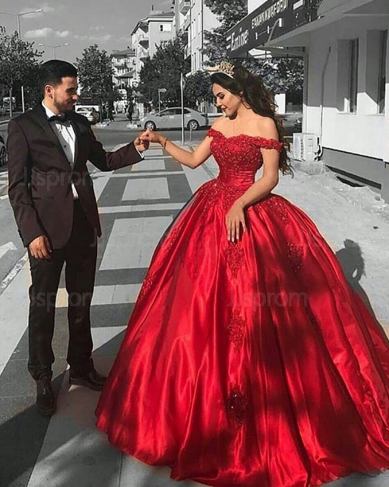 Red Satin Off the Shoulder Lace Bodice Ball Gown Prom Dress PD1036