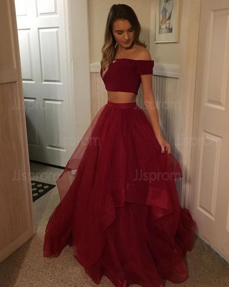 Two Piece Ruffled Tulle Burgundy Ball Gown Prom Dress PD1038
