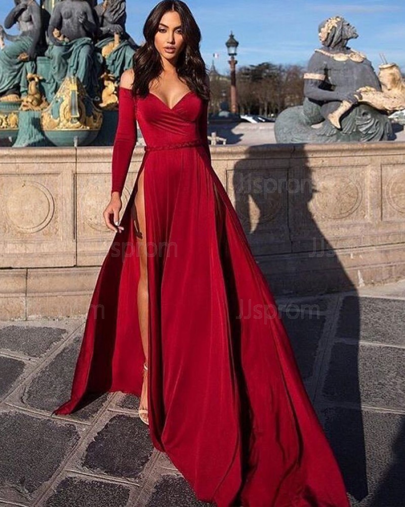 Burgundy Long Sleeved Off the Shoulder Satin Evening Dress with High Slit PD1039