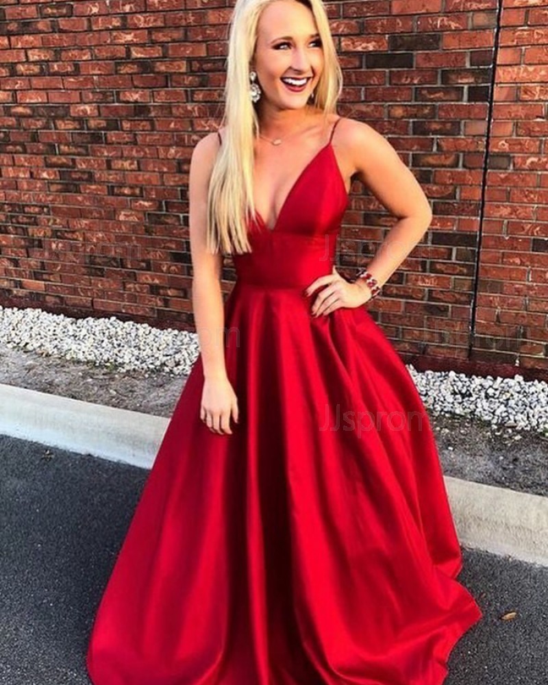satin spaghetti strap prom dress