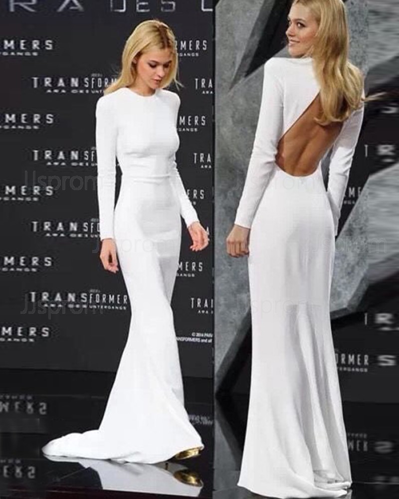 White Mermaid High Neck Evening Dress with Long Sleeve PD1045