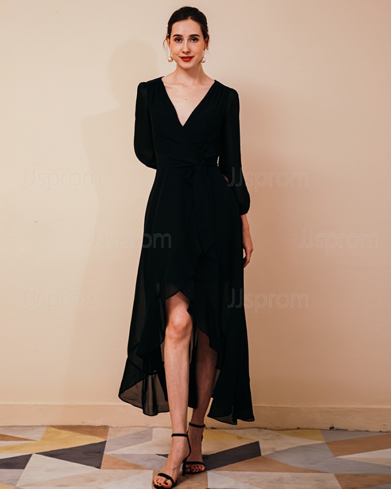 Black V-neck High Low Chiffon Ankle Length Prom Dress with Long Sleeves QS191049