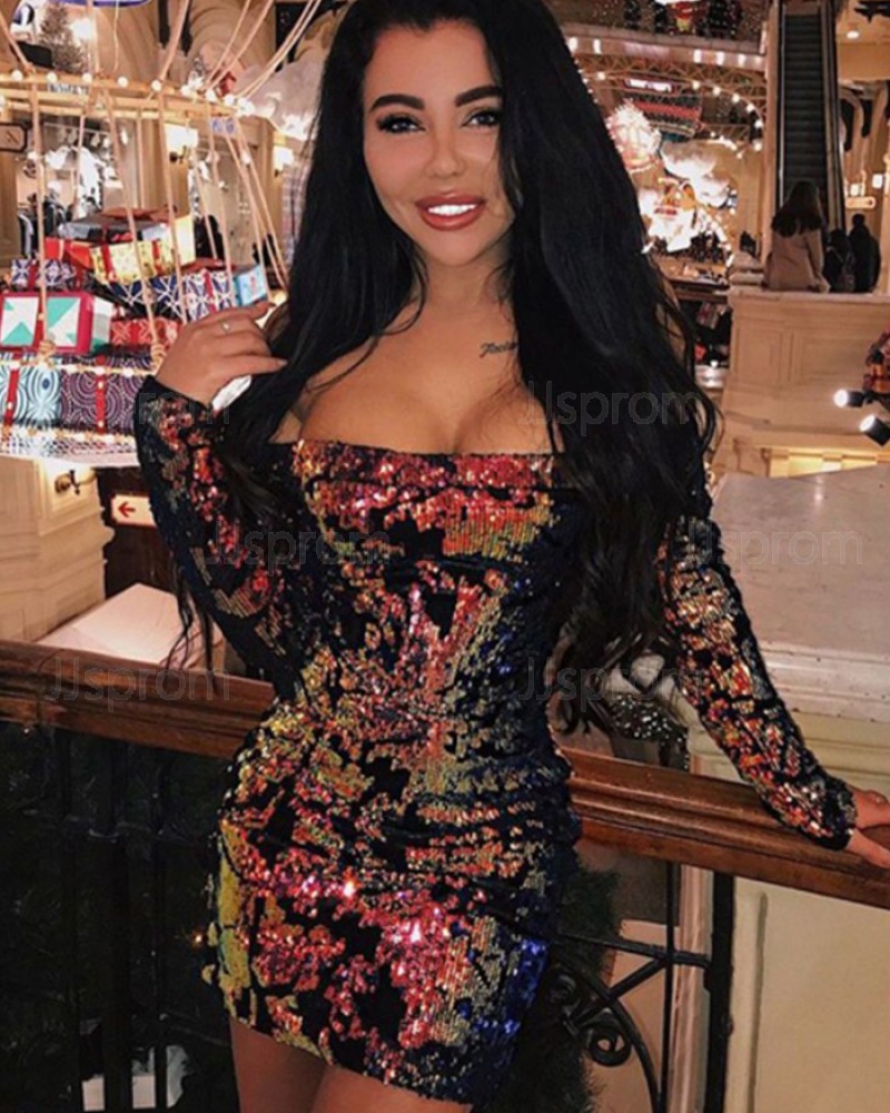 Off the Shoulder Ombre Bodycon Sequined Club Dress with Long Sleeves HD3014