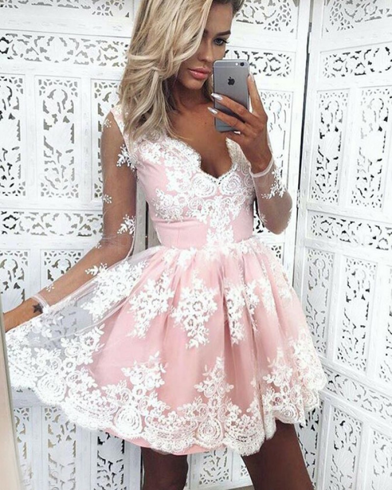 A-line Lace Pleated Pink V-neck Homecoming Dress with Long Sleeves HD3028