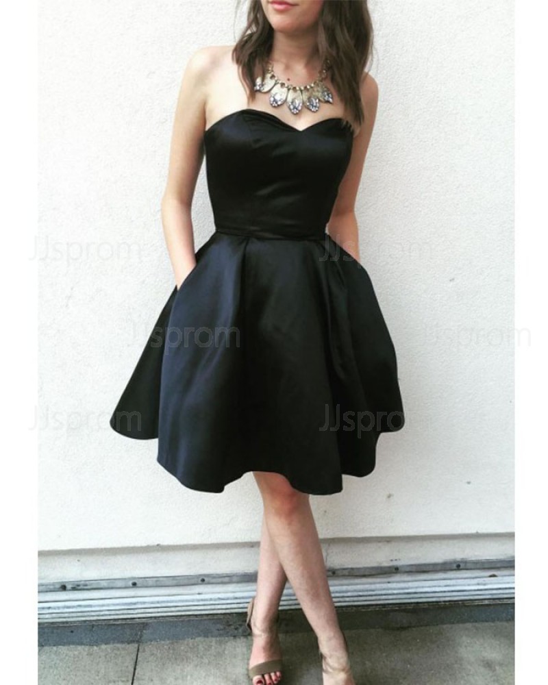 Simple Black Satin Sweetheart Homecoming Dress with Pockets HD3029