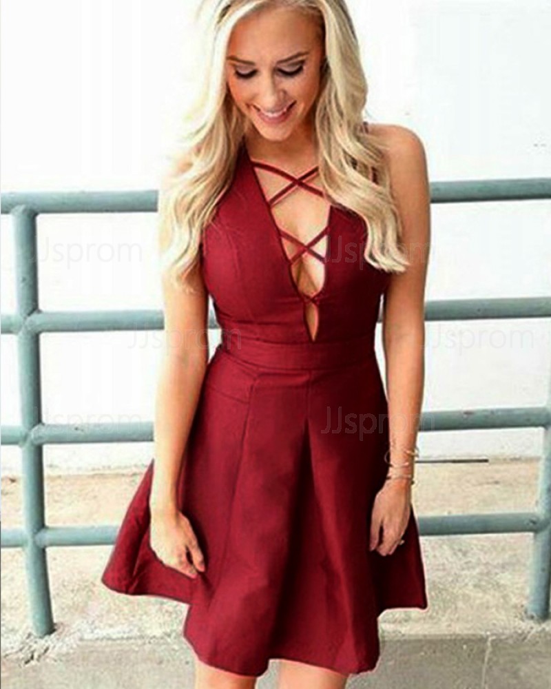 Simple Burgundy Satin Pleated Criss Cross Short Homecoming Dress HD3035