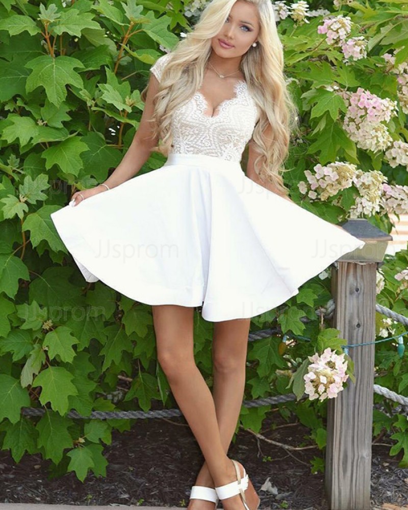 Short Lace Bodice Satin White V-neck Homecoming Dress with Keyhole Back HD3061