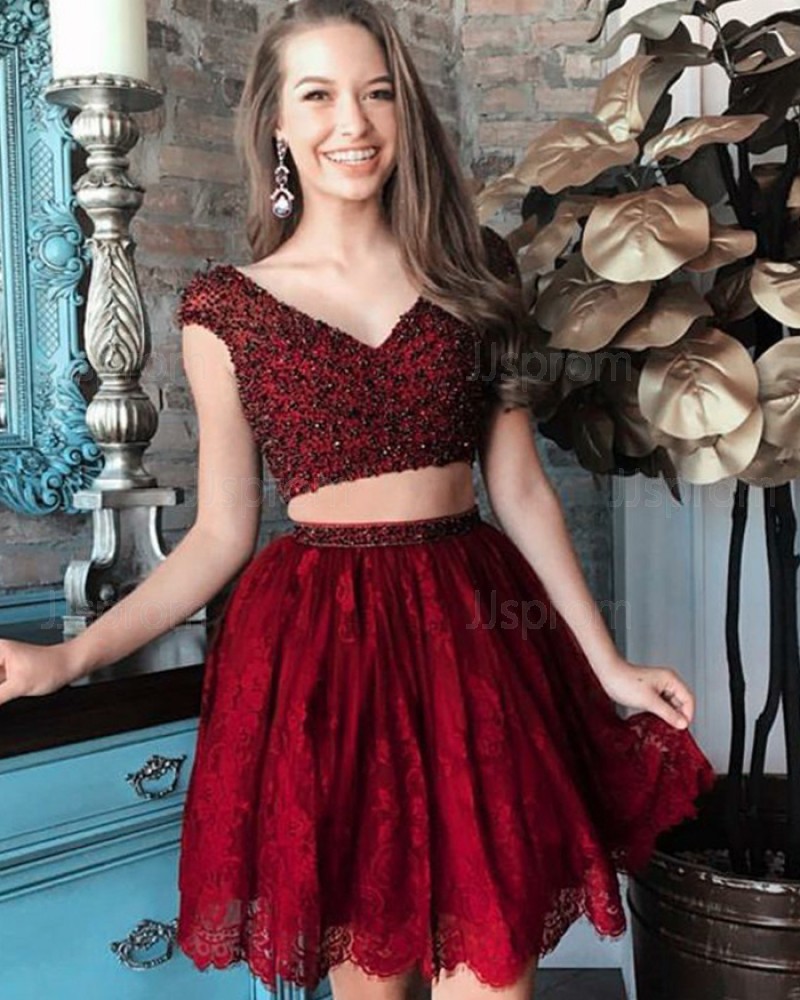 Two Piece V-neck Beading Red Homecoming Dress with Lace Skirt HD3066