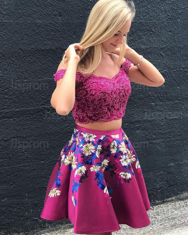 Lace Bodice Rose Red Off the Should Two Piece Homecoming Dress with Print Skirt HD3068