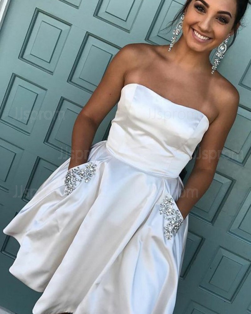 Short Strapless Ivory Satin Homecoming Dress with Beading Pockets HD3073