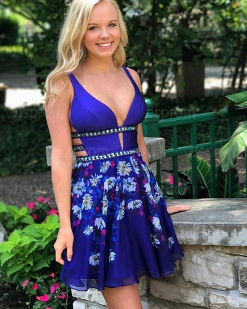 Royal Blue V-neck Cutout Satin Floral Print Homecoming Dress HD3074