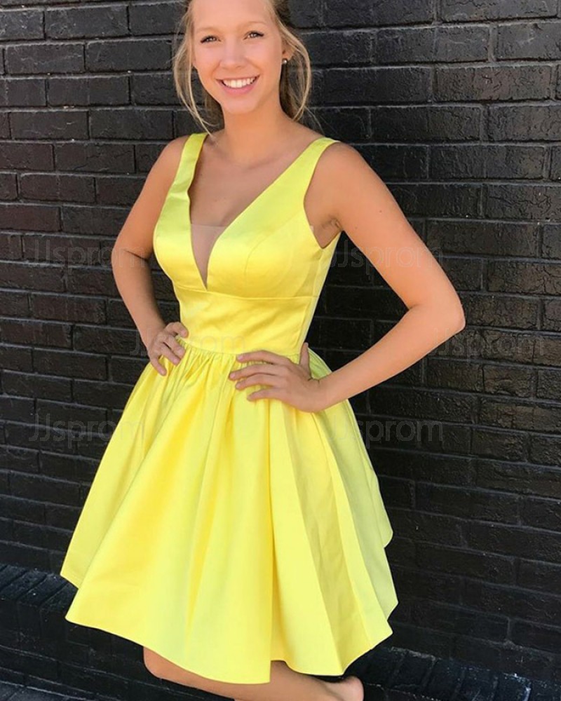 Simple Yellow Satin Fit & Flare Pleated Homecoming Dress HD3077
