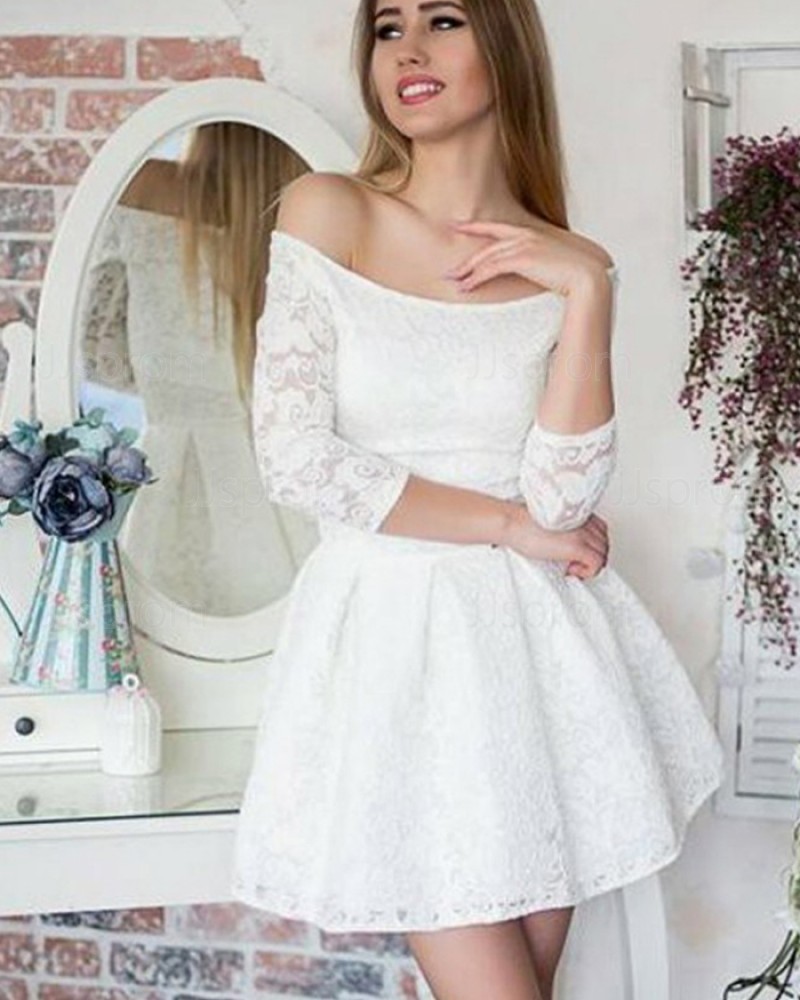 Ivory Lace Off the Shoulder Party Dress with 3/4 Length Sleeves HD3078