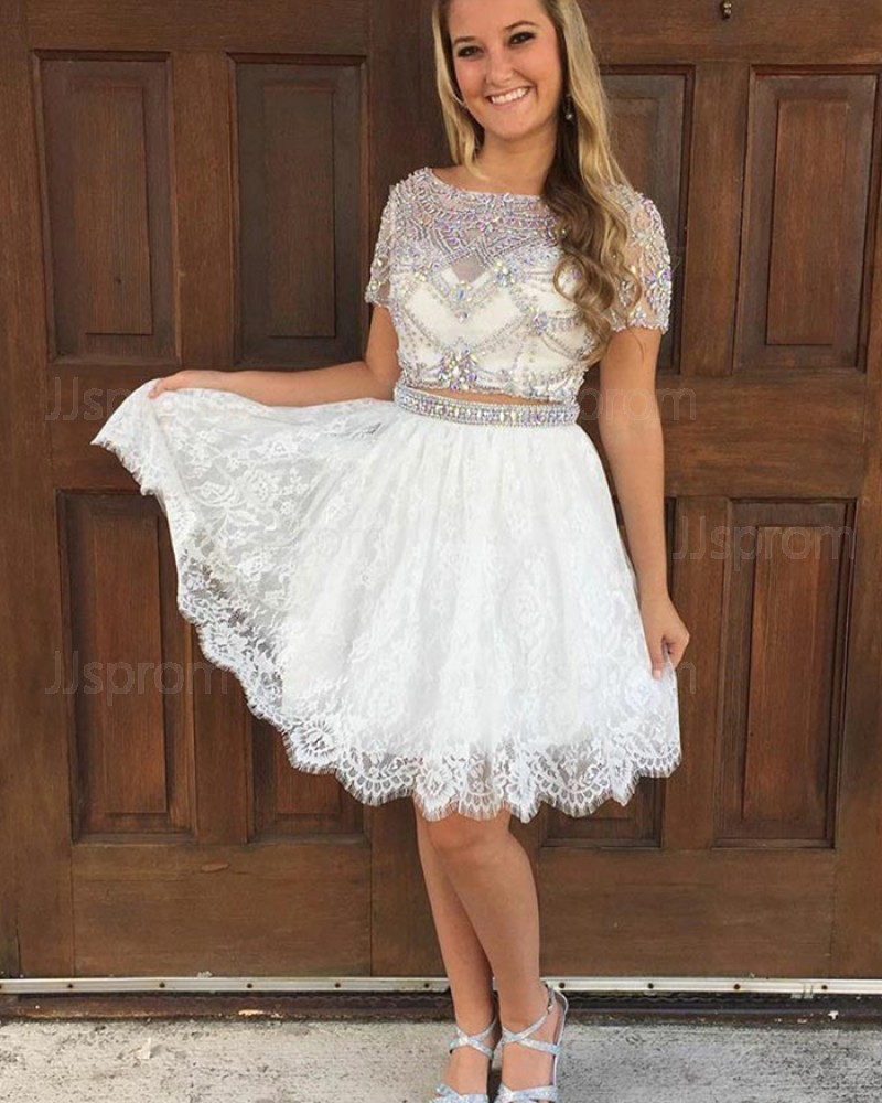 Two Piece White Bateau Beading Sheer Homecoming Dress with Lace Skirt HD3082