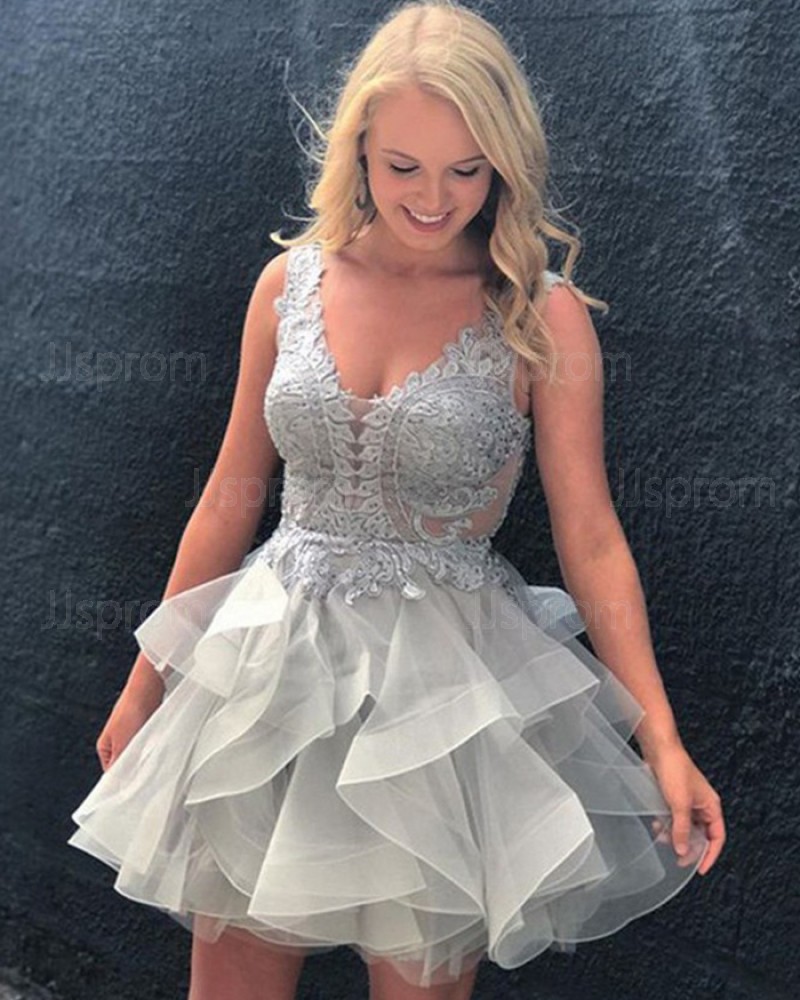 Ruffled Tulle V-neck Grey Homecoming Dress with Lace Bodice HD3083