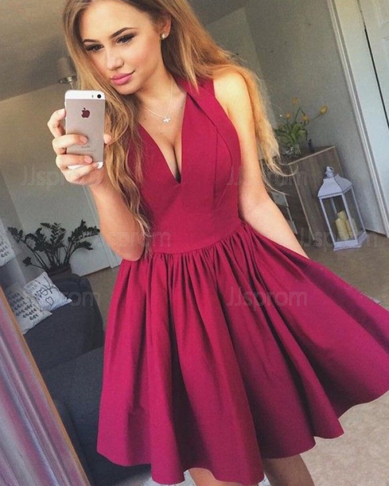 Simple Short V-neck Burgundy Pleated Homecoming Dress HD3095