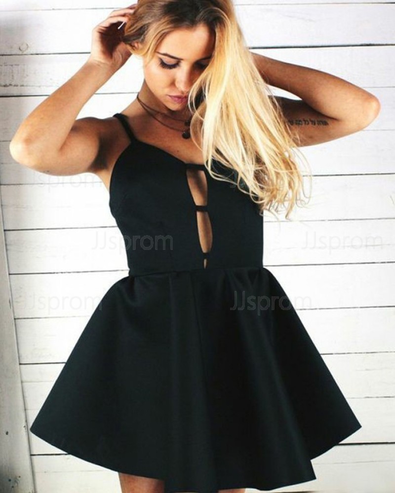 Simple Black V-neck Cutout Sleeveless Satin Homecoming Dress HD3106