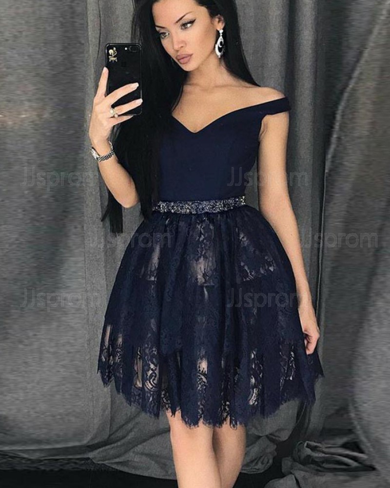 Elegant A-line Satin V-neck Beading Homecoming Dress with Lace Skirt HD3108