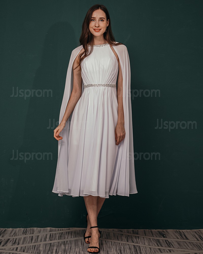 Beading White Chiffon Pleated Ankle Length Prom Dress with Hanging Sleeves QS311046
