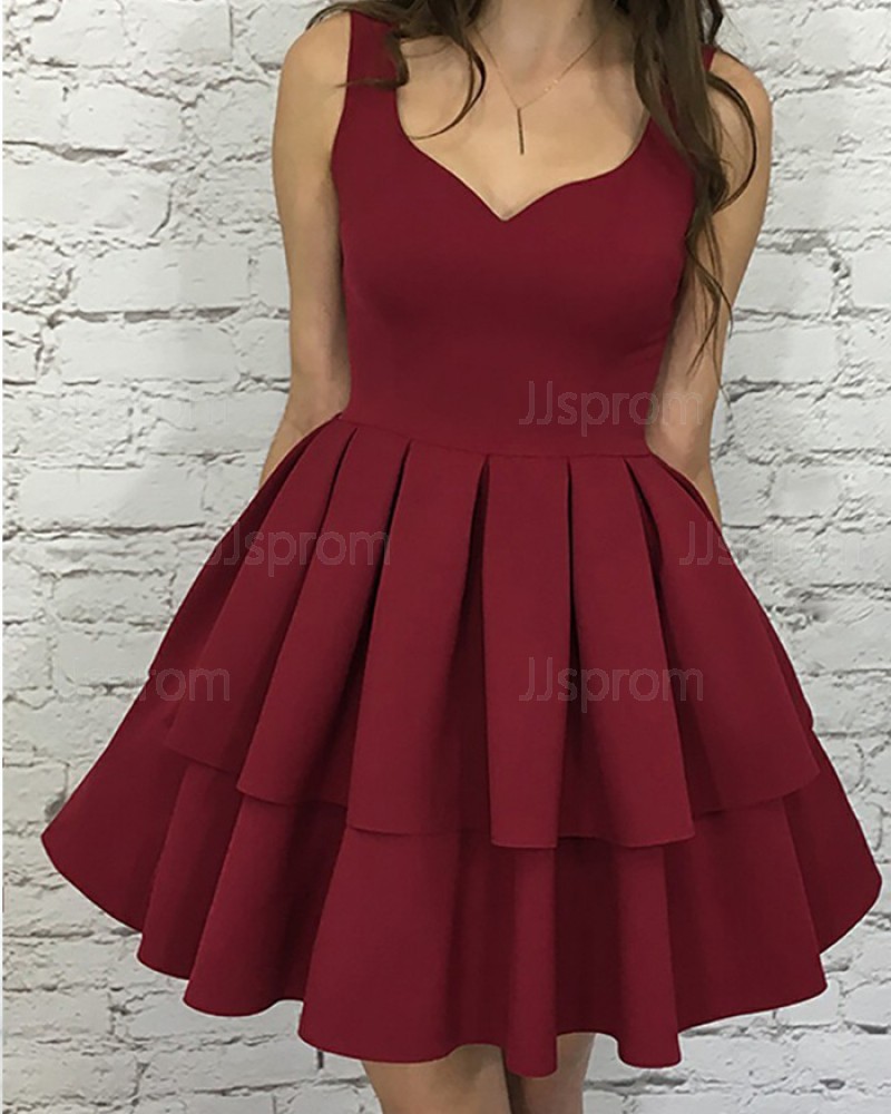 Simple Rose Red Square Layered Pleat Satin Short Homecoming Dress HD3110
