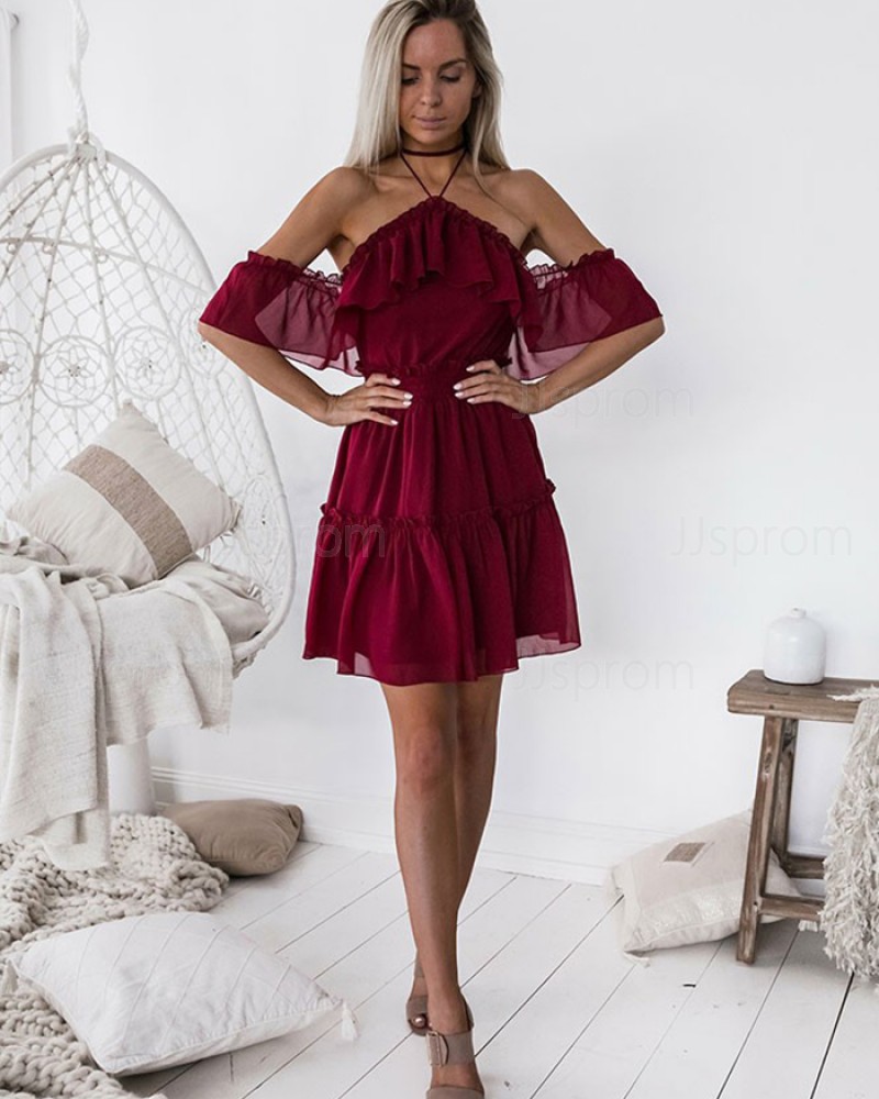 A-line Burgundy Cold Shoulder Chiffon Homecoming Dress HD3127