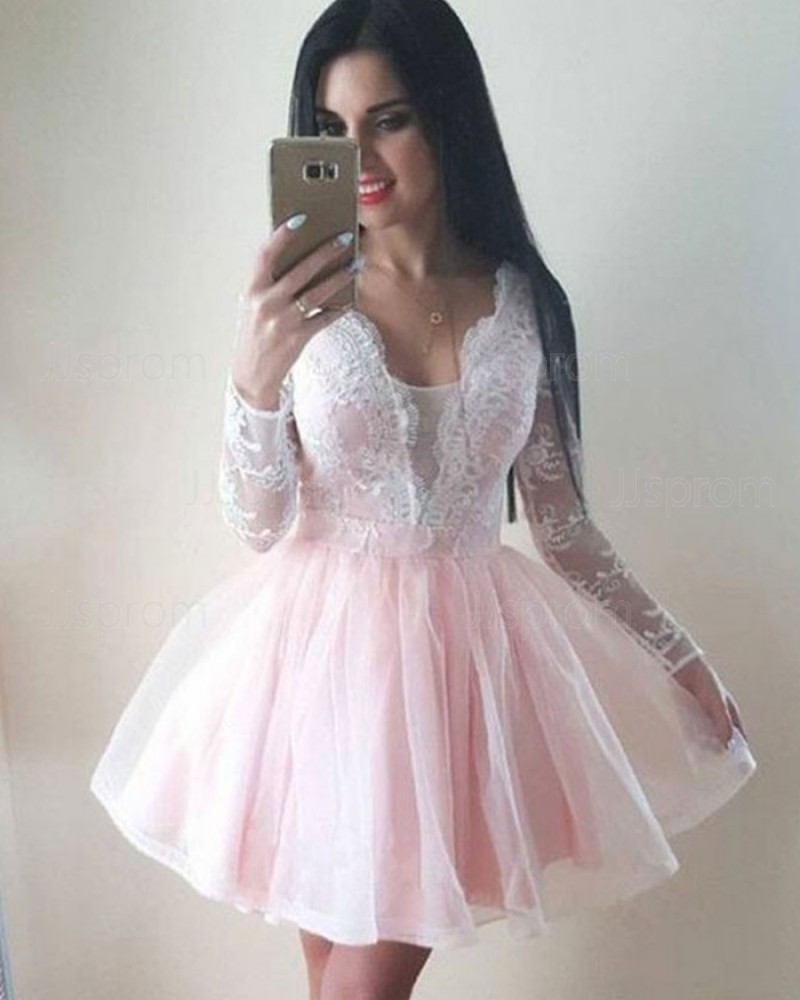 Pearl Pink Lace V-neck Bodice Homecoming Dress with Long Sleeves HD3131