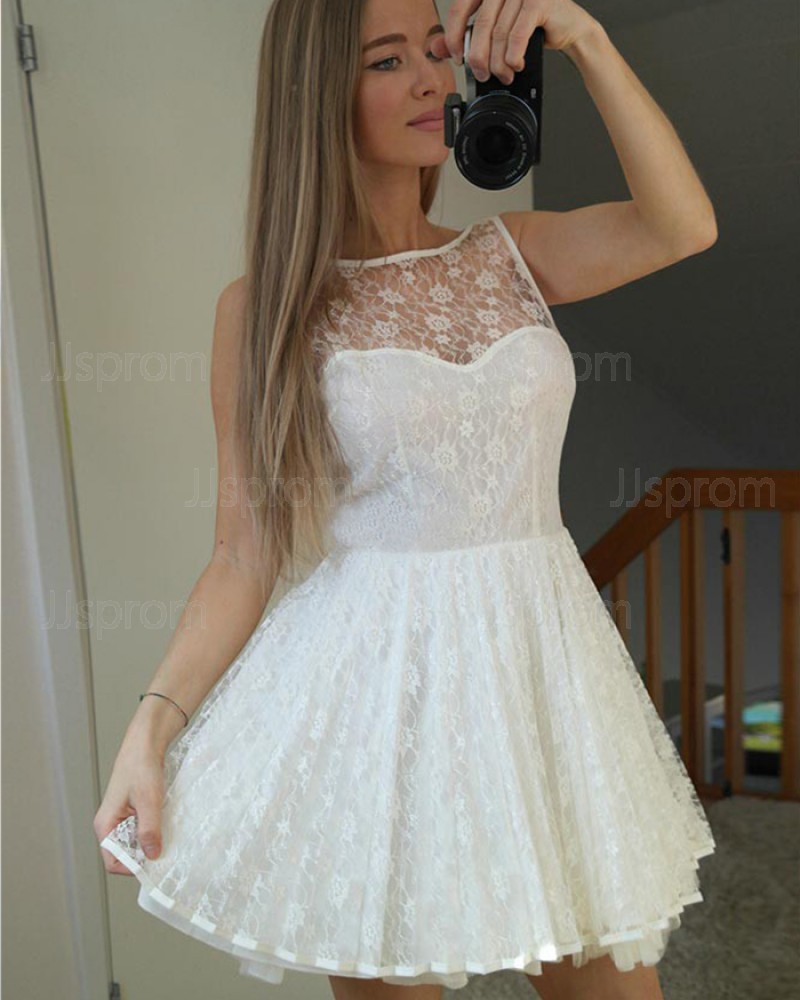 Sleeveless Jewel Ivory Sheer Lace A-line Homecoming Dress HD3136