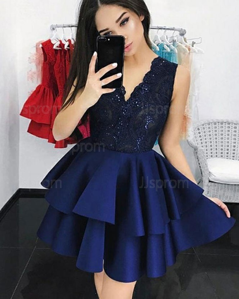 V-neck Lace Bodice Layered Navy Blue Homecoming Dress HD3147