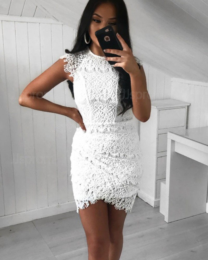 White Lace Tight High Neck Party Dress with Tulip Skirt HD3164
