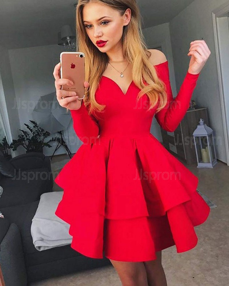 Sheer Red Satin Layered Skirt Homecoming Dress with Long Sleeves HD3166