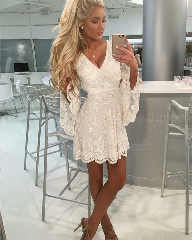 Ivory V-neck A-line Lace Homecoming Dress with Bell Sleeves HD3179