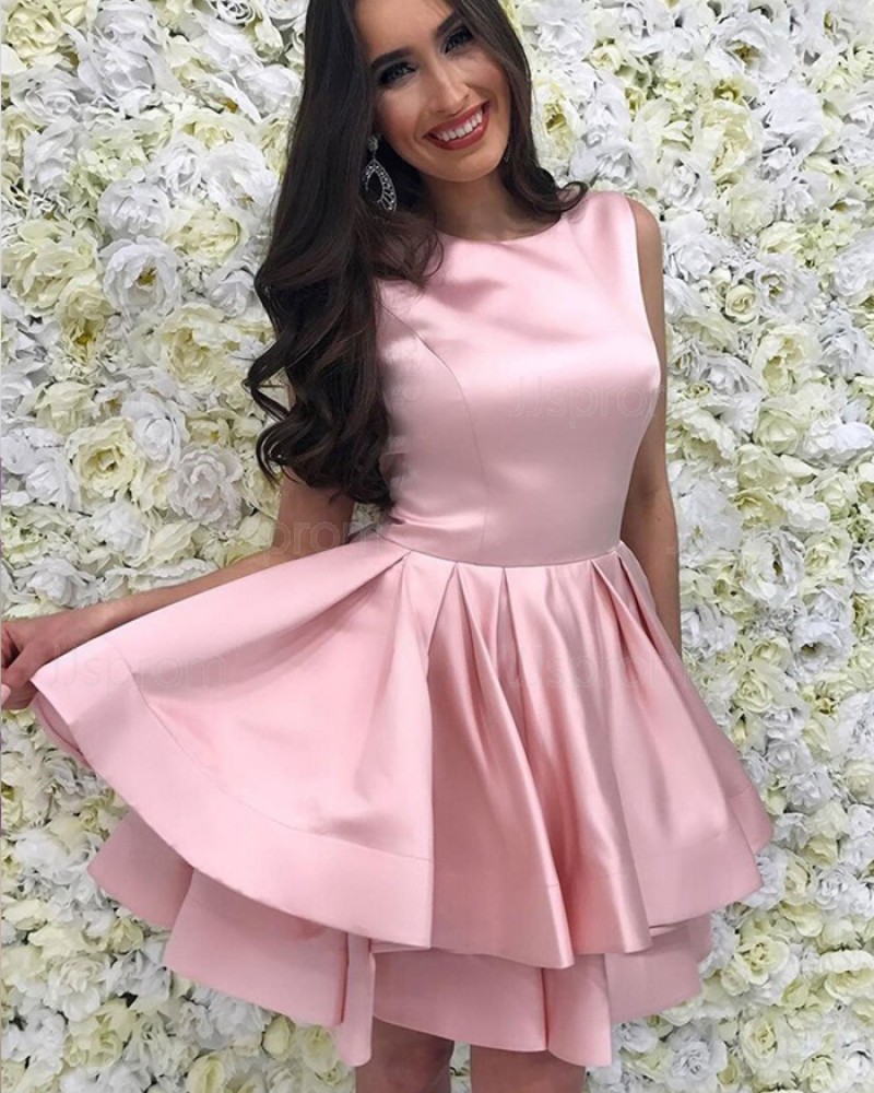 Simple Layered Jewel Blush Pink Satin Homecoming Dress with Pleats HD3227
