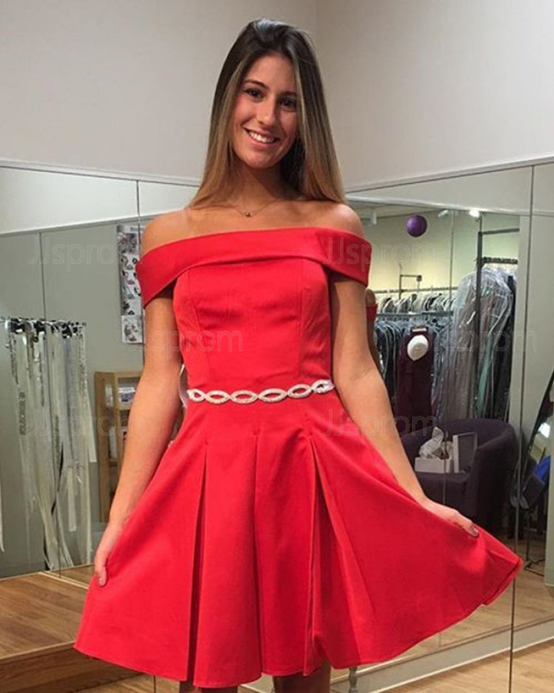 Simple Red Satin Off the Shoulder Homecoming Dress HD3255