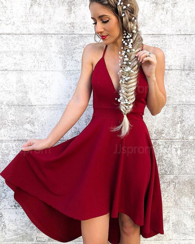 Red High Low Halter Simple Satin Homecoming Dress HD3257