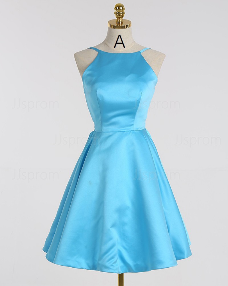 Light Blue Short A-line Spaghetti Straps Satin Homecoming Dress HD3263