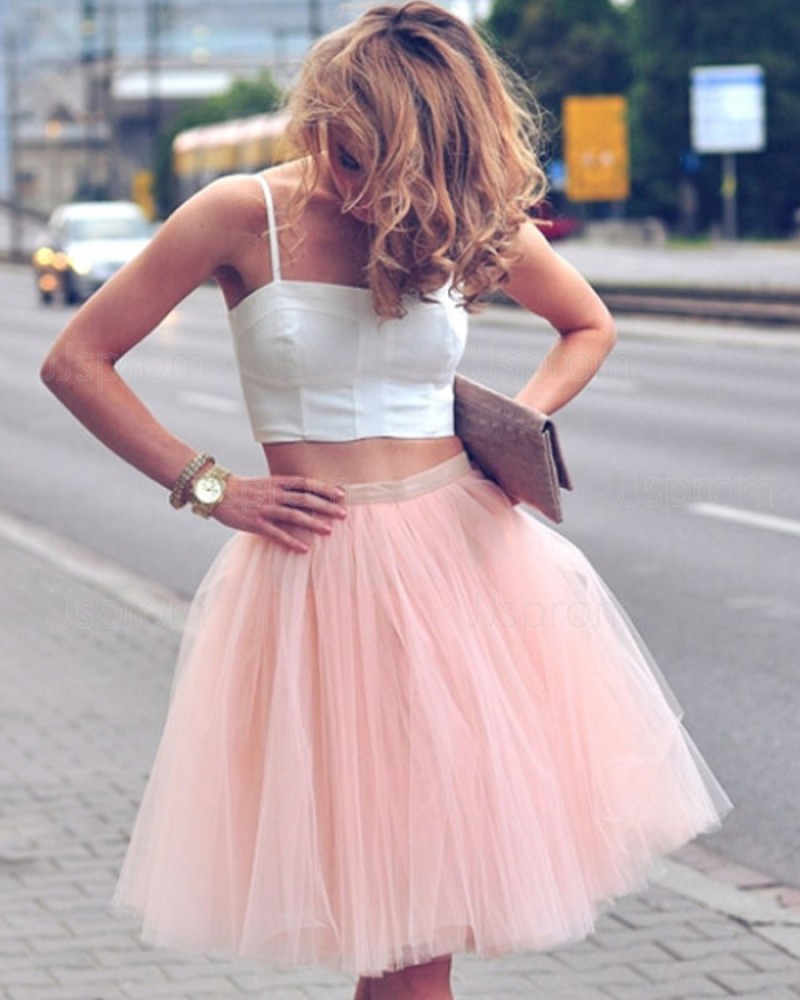 White and Pink Short Two Piece Square Party Dress with Tulle Skirt HD3269