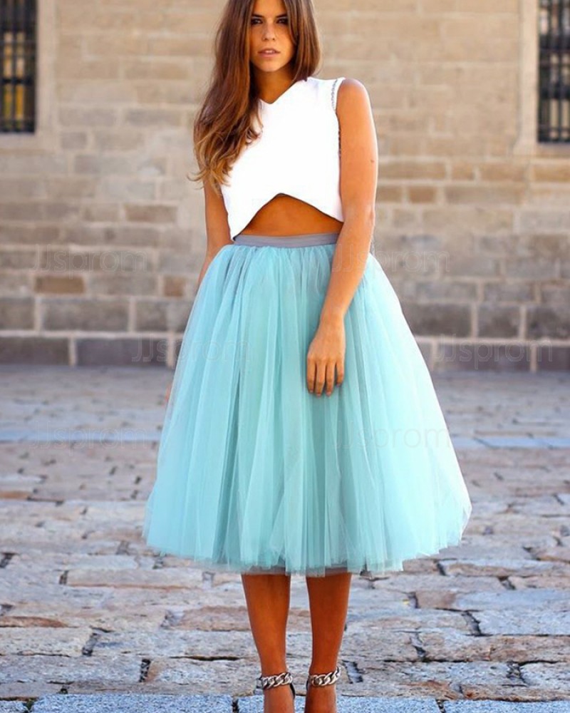 White and Mint Knee Length Two Piece Formal Dress with Tulle Skirt HD3272