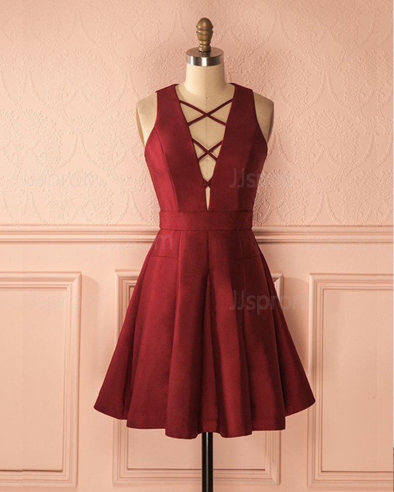 Simple Burgundy Short Crisscross Satin Formal Dress HD3274