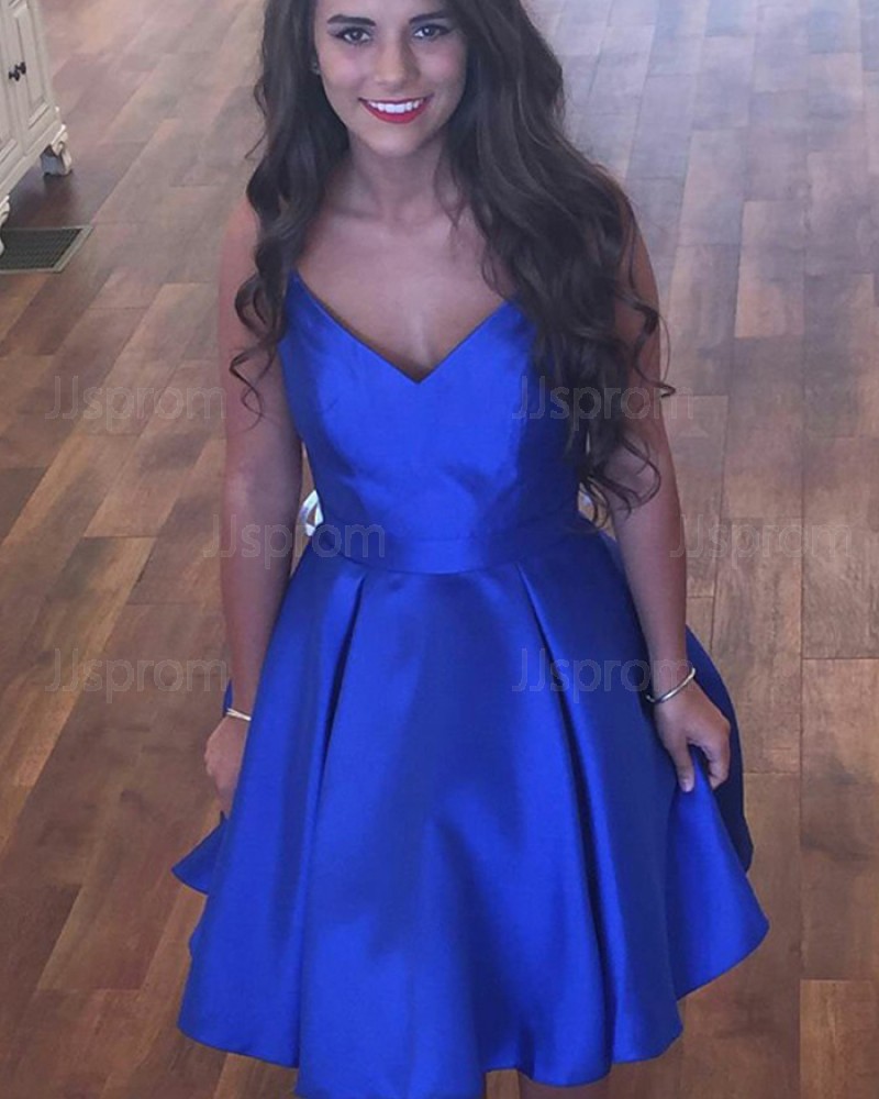 Simple Blue Pleated V-neck Royal Homecoming Dress with Pockets HD3292