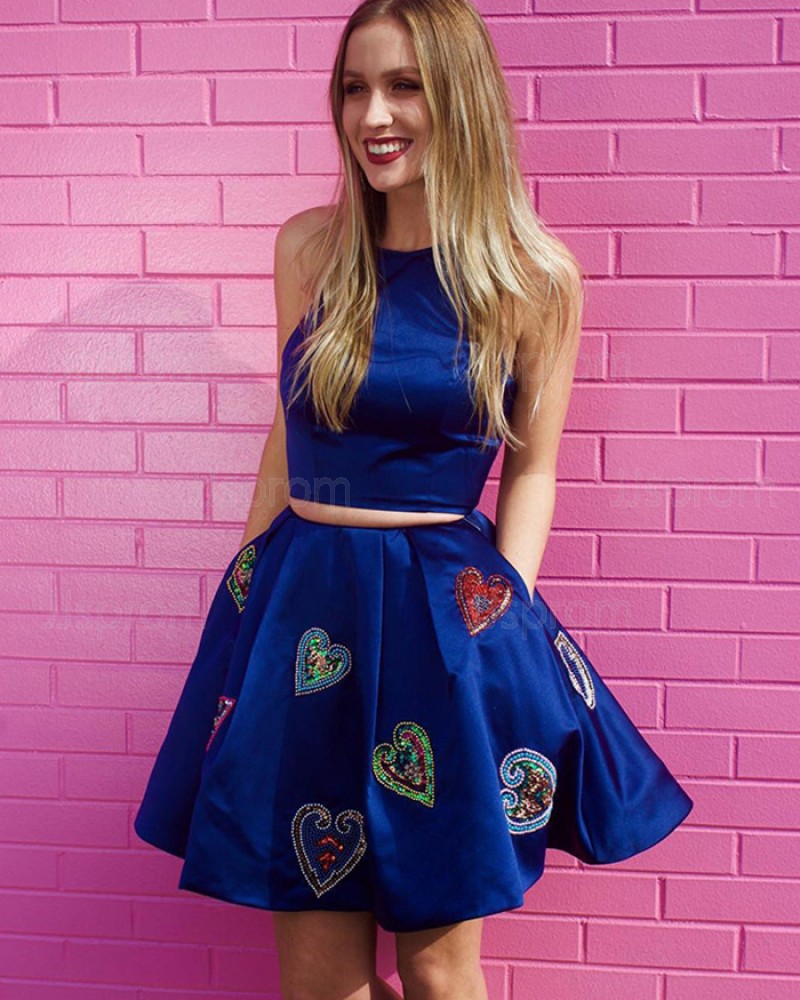 Blue Jewel Appliqued Two Piece Homecoming Dress with Pockets HD3293